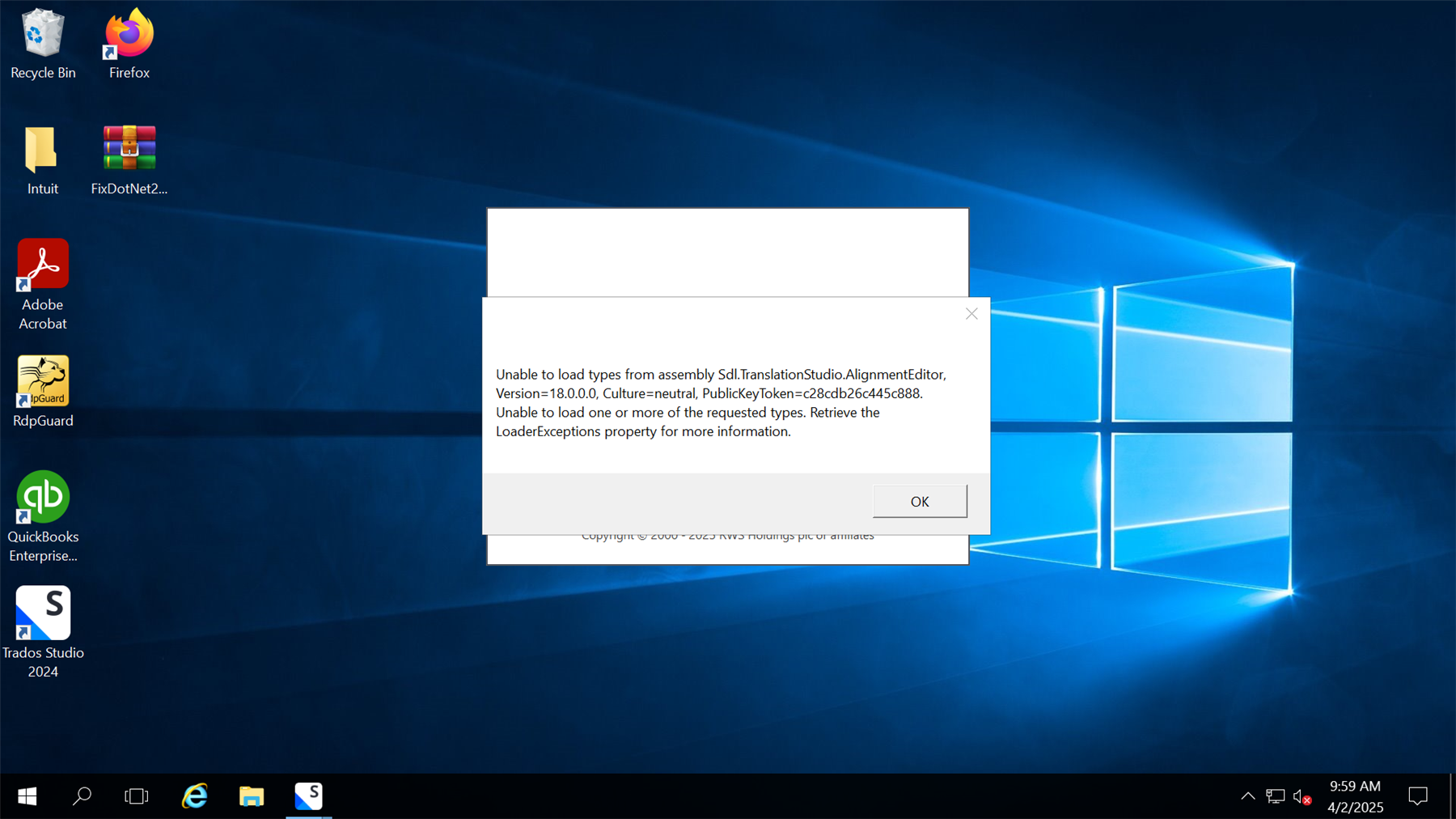 Error message on a Windows desktop stating 'Unable to load types from assembly Sdl.TranslationStudio.AlignmentEditor, Version=18.0.0.0, Culture=neutral, PublicKeyToken=c28cd2b6c44c5e88. Unable to load one or more of the requested types. Retrieve the LoaderExceptions property for more information.' with an OK button.