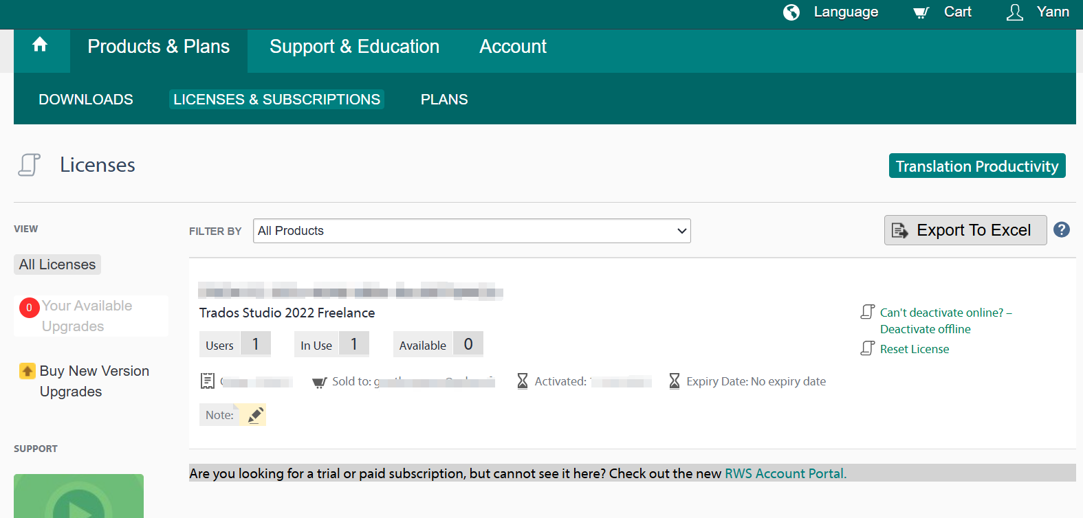 Screenshot of a licensing page showing Trados Studio 2022 Freelance with 1 user, in use 1, available 0. No reset license option visible.