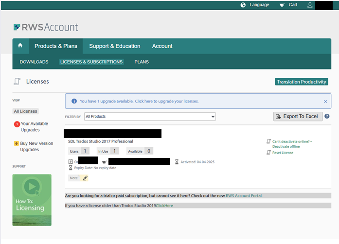 RWS Account Licenses page showing SDL Trados Studio 2017 Professional with 1 user in use, 0 available, and options to deactivate offline or reset license.