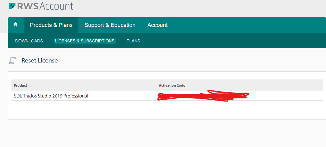 Screenshot of RWS Account Reset License page, showing a selected product 'SDL Trados Studio 2019 Professional' with an obscured Activation Code field.