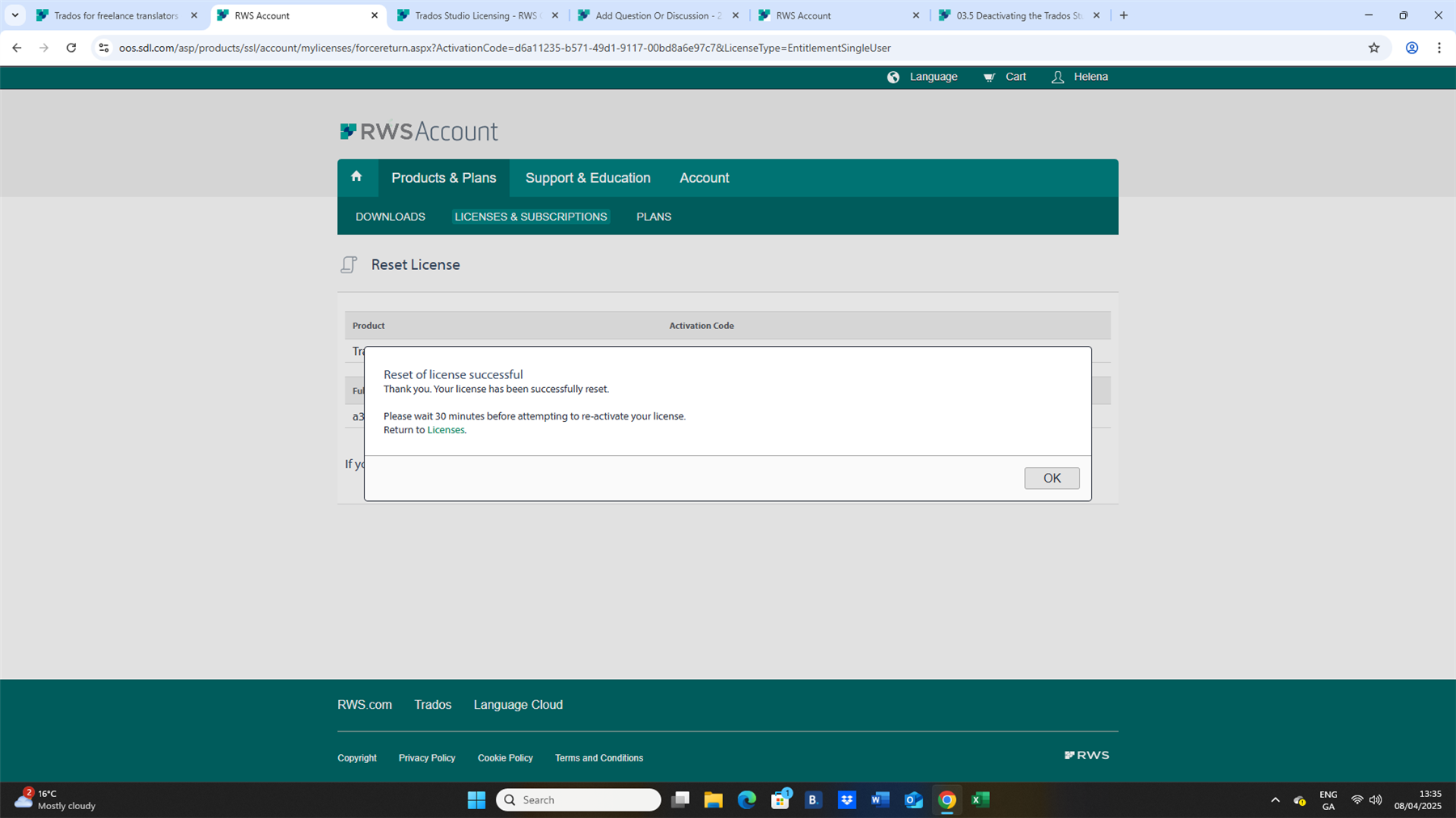 Screenshot of RWS Account page showing a 'Reset License' dialog box with a message 'Reset of license successful. Thank you. Your license has been successfully reset. Please wait 30 minutes before attempting to re-activate your license.'