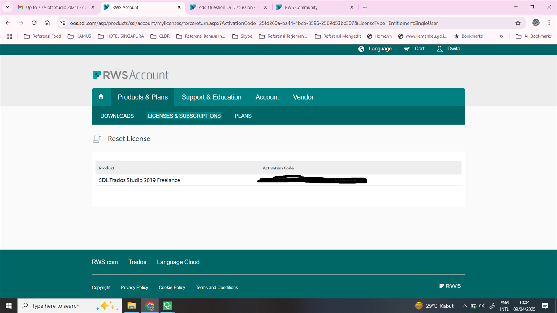Screenshot of RWS Account page with a 'Reset License' section for SDL Trados Studio 2019 Freelance. An activation code field is visible with content redacted.