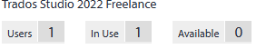 Trados Studio 2022 Freelance license information showing 1 User, 1 In Use, and 0 Available.