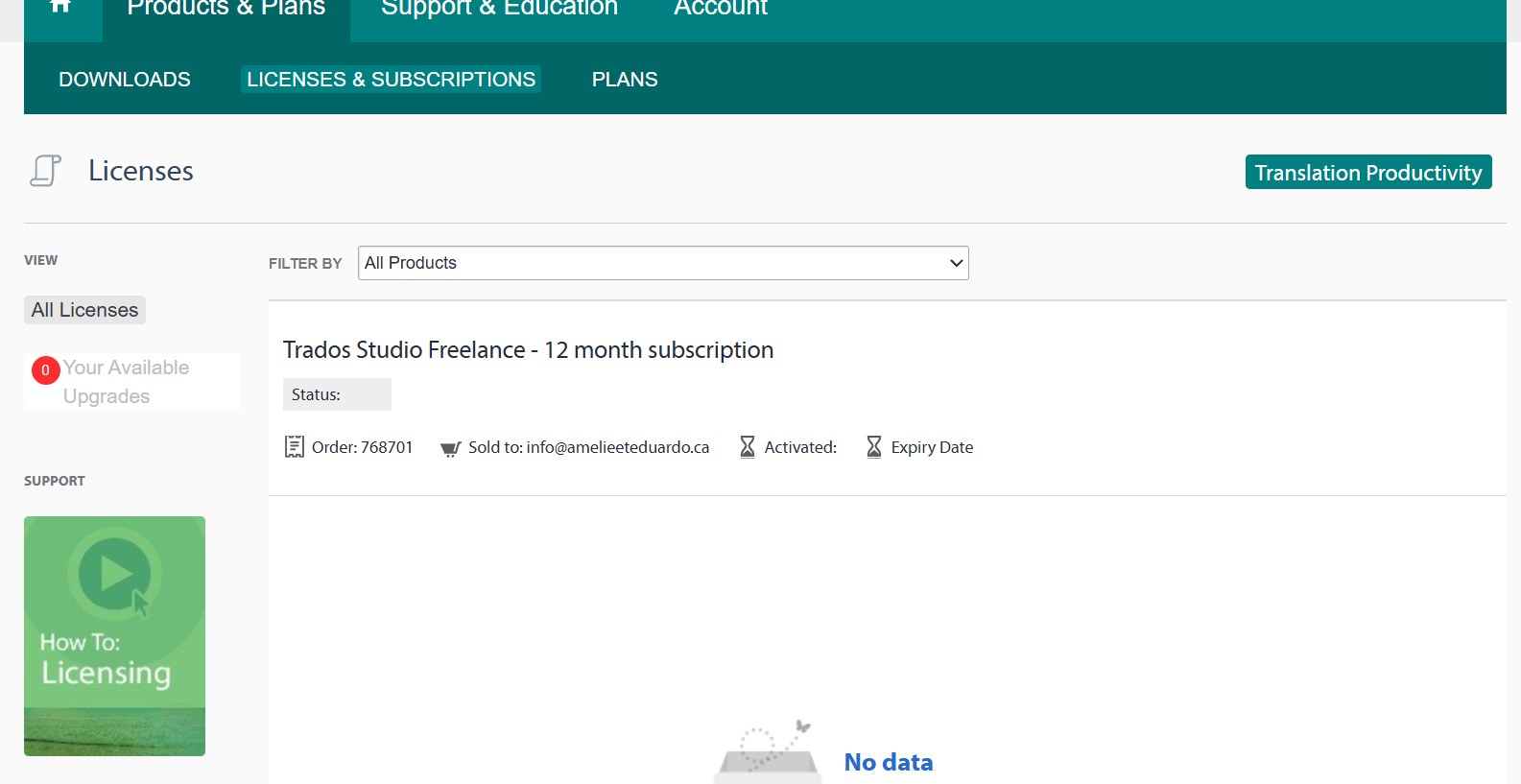 Screenshot of a licensing page showing 'Trados Studio Freelance - 12 month subscription' with no data for expiry date.