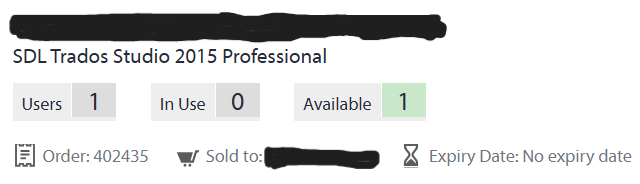 License details for SDL Trados Studio 2015 Professional showing 1 user, 0 in use, 1 available, order number 402435, sold to a redacted user, and no expiry date.