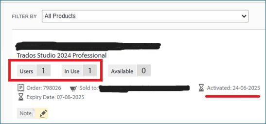License details for Trados Studio 2024 Professional showing 1 user, 1 in use, 0 available, and activation date of 24-06-2025.