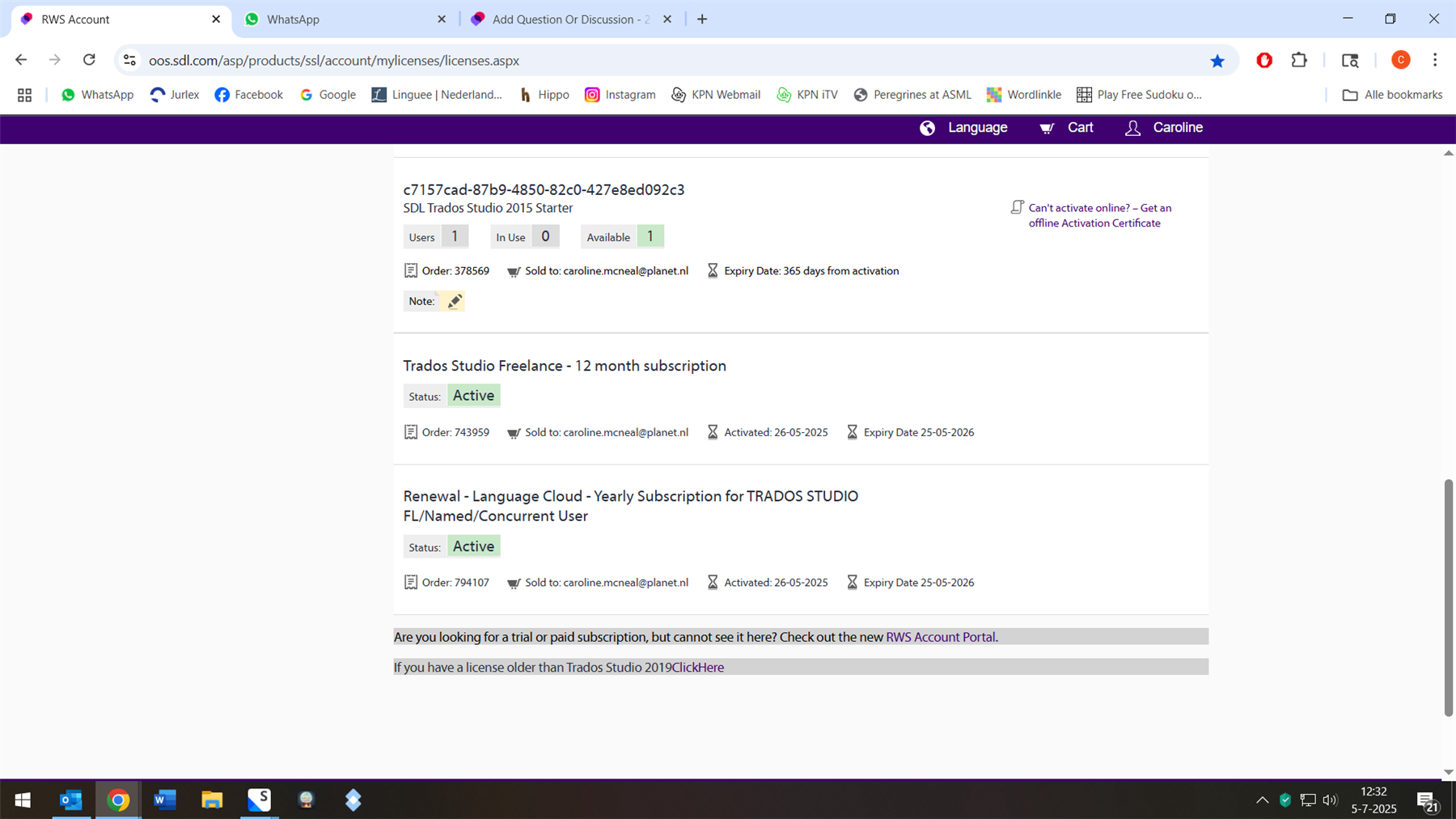 RWS Account page showing license details for Trados Studio, including active and available licenses, expiry dates, and user information.