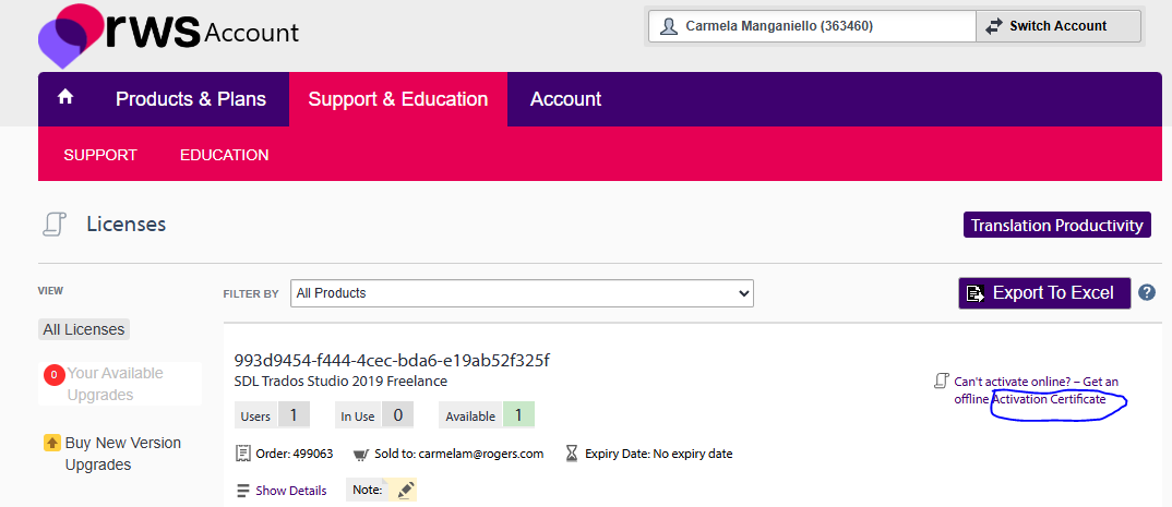RWS Account page showing the Licenses section with a highlighted text 'Activation Certificate' circled in blue, indicating an issue with offline deactivation.