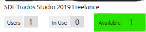 License status for SDL Trados Studio 2019 Freelance showing Users: 1, In Use: 0, and Available: 1 highlighted in green.