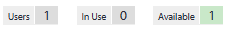 A table showing license status with columns: Users 1, In Use 0, and Available 1 highlighted in green.