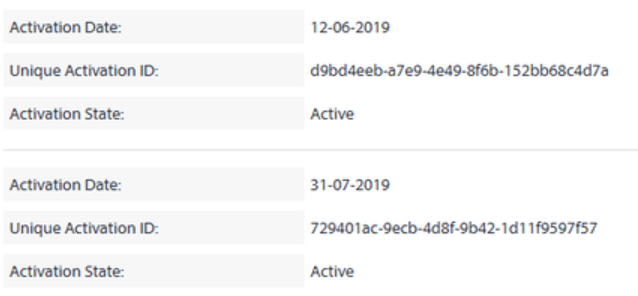 Screenshot showing two activation records. The first record has an activation date of 12-06-2019, a unique activation ID starting with d9bd4eeb, and an activation state of Active.