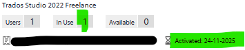 Screenshot of Trados Studio 2022 Freelance license details showing Users: 1, In Use: 1, Available: 0, and activation date highlighted in green as Activated: 24-11-2025.