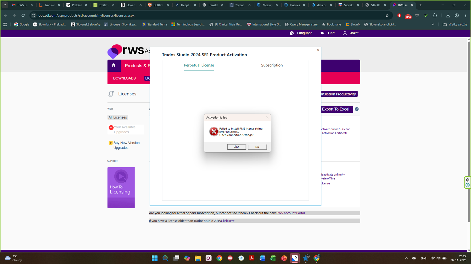 Screenshot of the RWS licensing page showing Trados Studio 2024 SR1 Product Activation window with an error message. The error states: 'Failed to install RMS license string. Error ID: 1010150. Open connection settings?' with options 'Ano' and 'Nie' below.