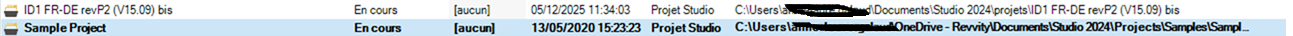 Screenshot of a file directory showing two projects, 'ID1 FR-DE revP2' and 'Sample Project', with their respective paths and statuses.