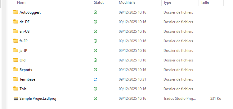 File explorer view showing folders such as AutoSuggest, de-DE, en-US, fr-FR, ja-JP, and a file named 'Sample Project.sdlproj' with a size of 231 KB.
