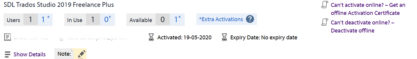 License details for SDL Trados Studio 2019 Freelance Plus showing 1 user, 1 in use, 0 available, and 1 extra activation. Includes activation date of 19-05-2020 and no expiry date.
