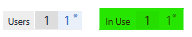 Screenshot showing two columns labeled 'Users' and 'In Use' with values '1' and '1*' in each column. The 'In Use' column is highlighted in green.