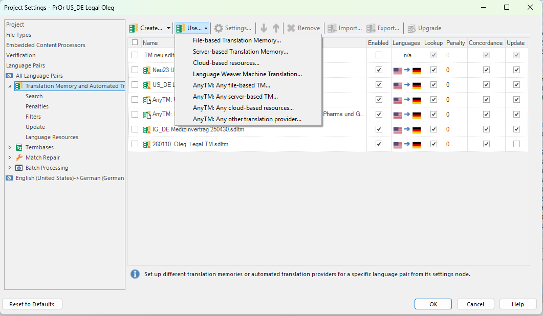 Project settings window showing translation memory and automated translation options, with a dropdown menu open for selecting resources like file-based or cloud-based translation memory.