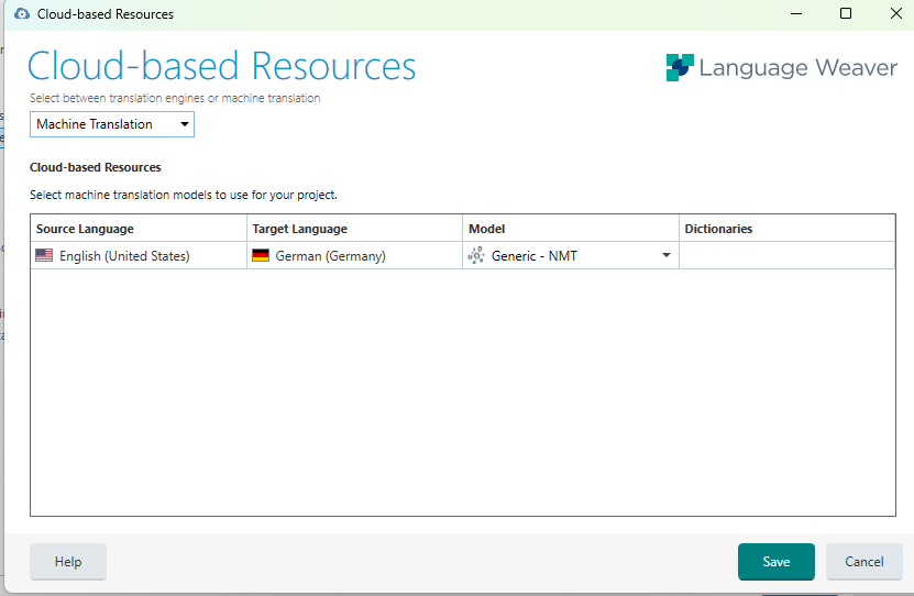 Cloud-based Resources window showing options for machine translation. Source language is English (United States), target language is German (Germany), and model is Generic - NMT.