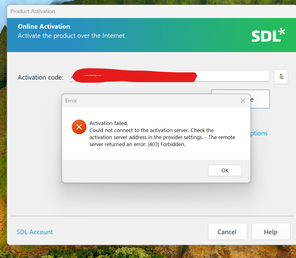 Product Activation window for SDL Trados with an activation code field and an error message stating 'Activation failed. Could not connect to the activation server. Check the activation server address in the provider settings. - The remote server returned an error: (403) Forbidden.'