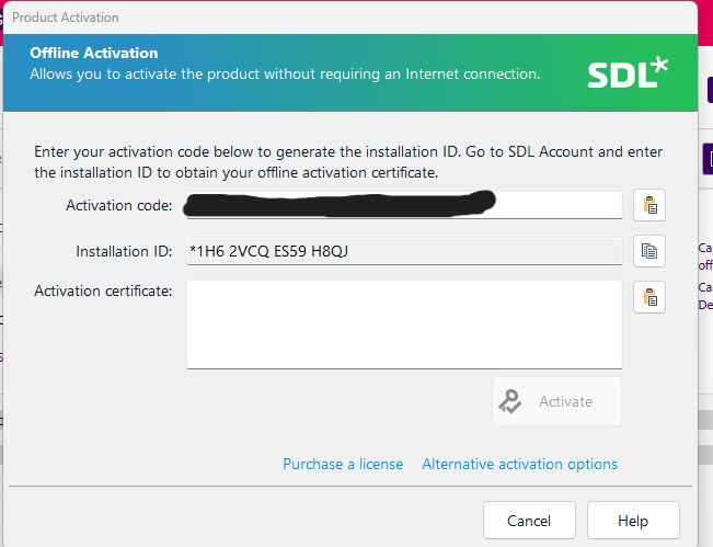 Product Activation window showing Offline Activation instructions. Fields include Activation code, Installation ID, and Activation certificate. Buttons for Activate, Cancel, and Help are visible.