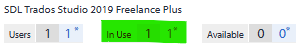 A screenshot showing SDL Trados Studio 2019 Freelance Plus license details. Users: 1, In Use: 1 highlighted in green, Available: 0.
