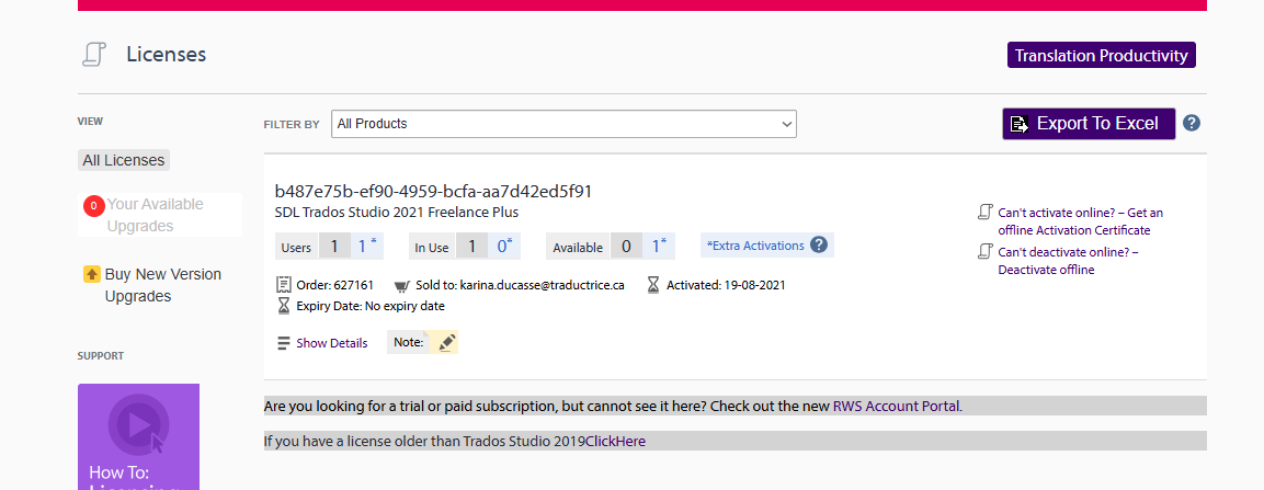 Licenses page showing Trados Studio 2021 Freelance Plus license details, including order number, user information, activation date, and options for activation or deactivation.