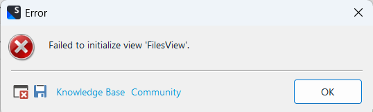 Error message with red cross icon: 'Failed to initialize view FilesView.' Includes 'Knowledge Base' and 'Community' links, and an 'OK' button.