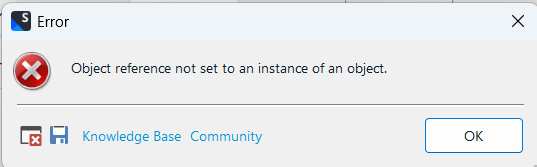 Error message with red cross icon: 'Object reference not set to an instance of an object.' Includes 'Knowledge Base' and 'Community' links, and an 'OK' button.