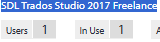 A screenshot showing SDL Trados Studio 2017 Freelance with license details: Users 1, In Use 1.