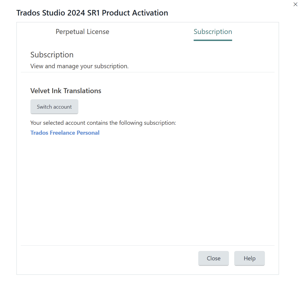 Trados Studio 2024 SR1 Product Activation window showing subscription details for Velvet Ink Translations with a Trados Freelance Personal subscription.