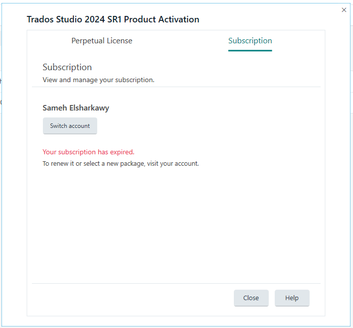 Screenshot of Trados Studio 2024 SR1 Product Activation window showing a subscription tab. Message states 'Your subscription has expired. To renew it or select a new package, visit your account.'