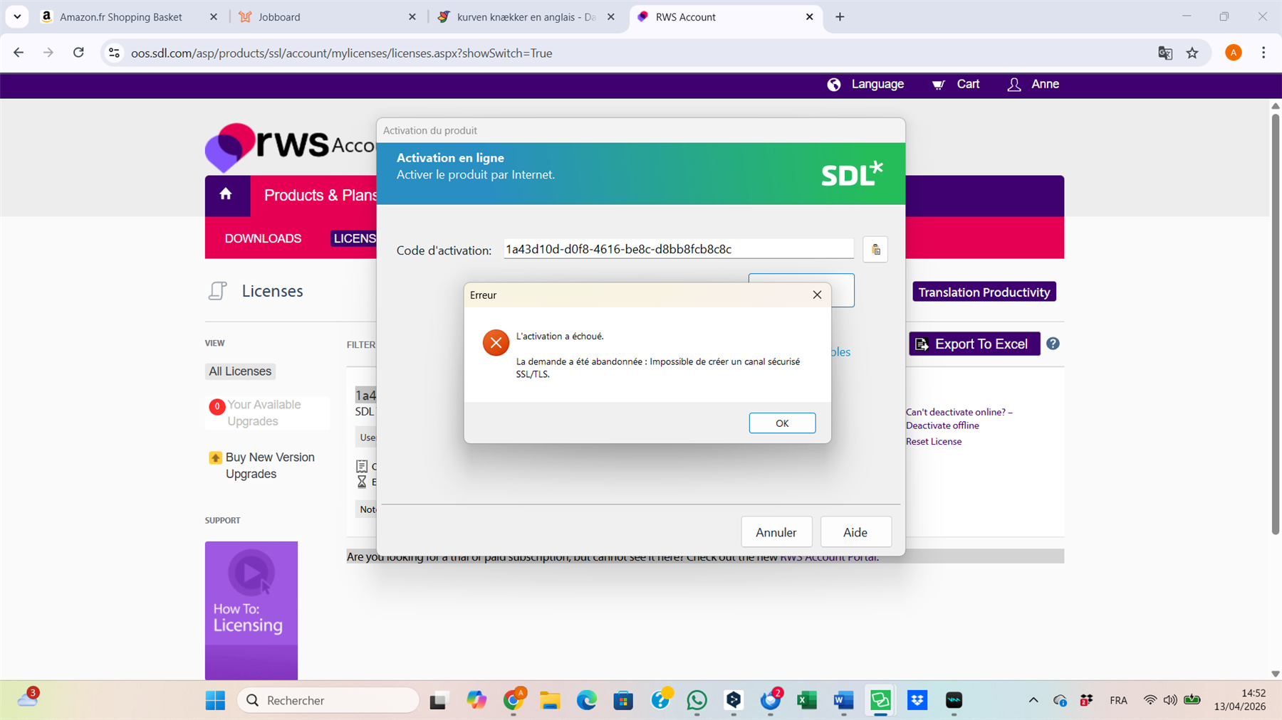 A screenshot of the RWS Account licensing page showing an error message in French. The error states 'L'activation a  chou . La demande a  t  abandonn e: Impossible de cr er un canal s curis  SSLTLS.'