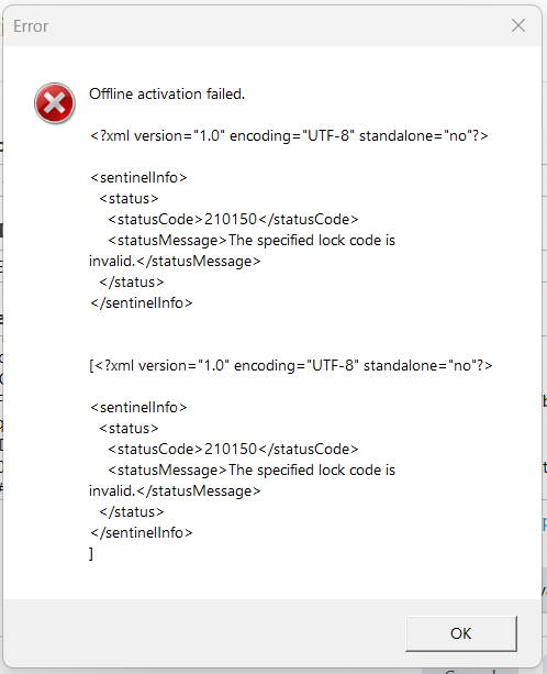 Error window showing 'Offline activation failed' with a red error icon. XML content includes status code 210150 and message 'The specified lock code is invalid.'