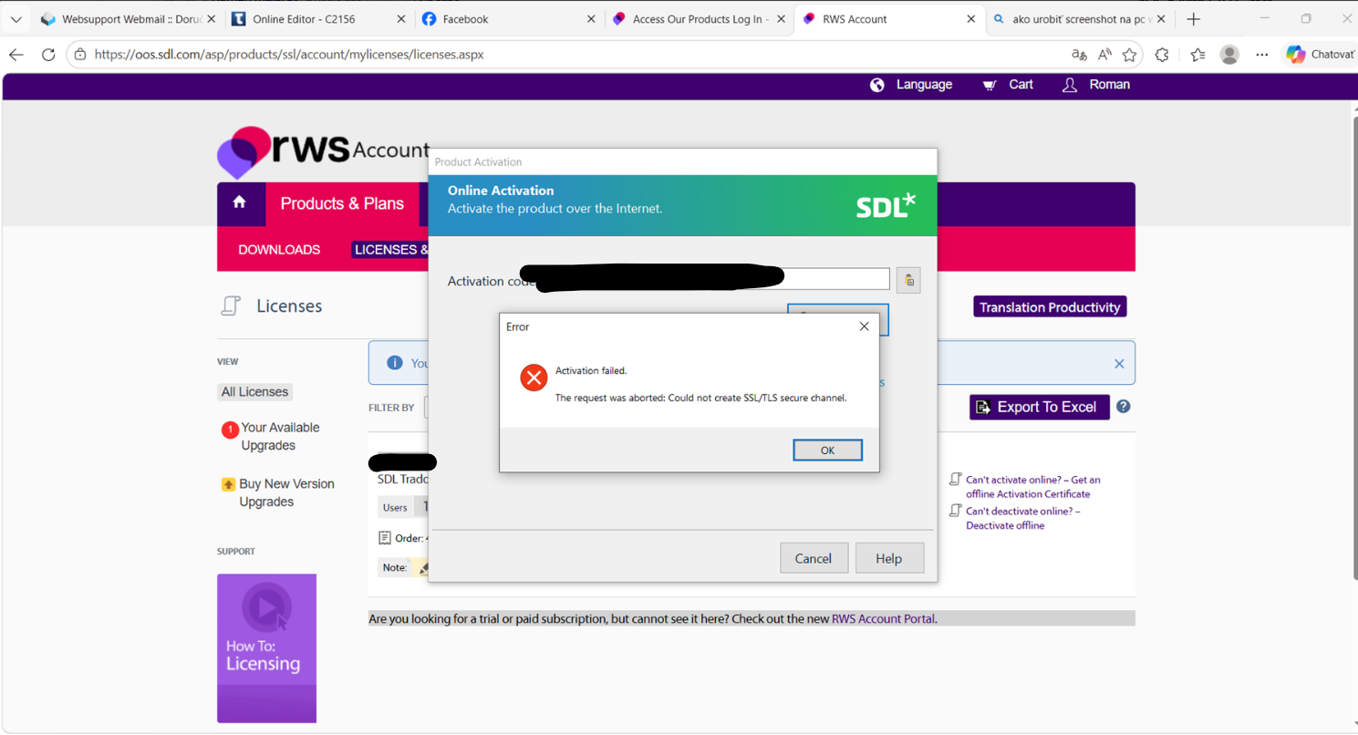 A screenshot of the RWS Account licensing page showing an error message. The error states 'Activation failed. The request was aborted: Could not create SSLTLS secure channel.'