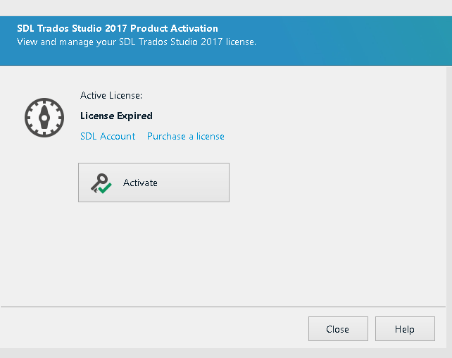 SDL Trados Studio 2017 Product Activation window showing an expired license with options to access SDL Account or Purchase a license and an Activate button.