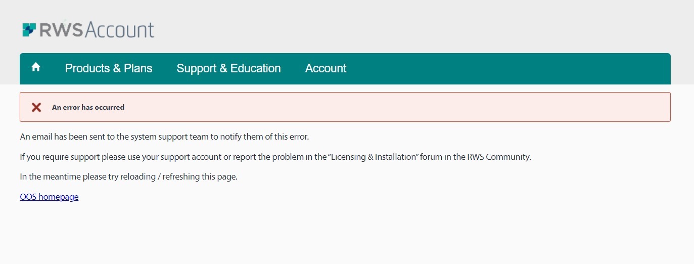 Screenshot of Trados Studio error message stating 'An error has occurred' with instructions to notify the system support team, seek support, or try reloading the page.