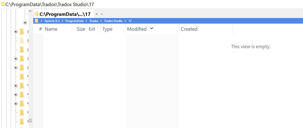 Screenshot of Trados Studio 17 folder in ProgramData directory, showing an empty view with no files.