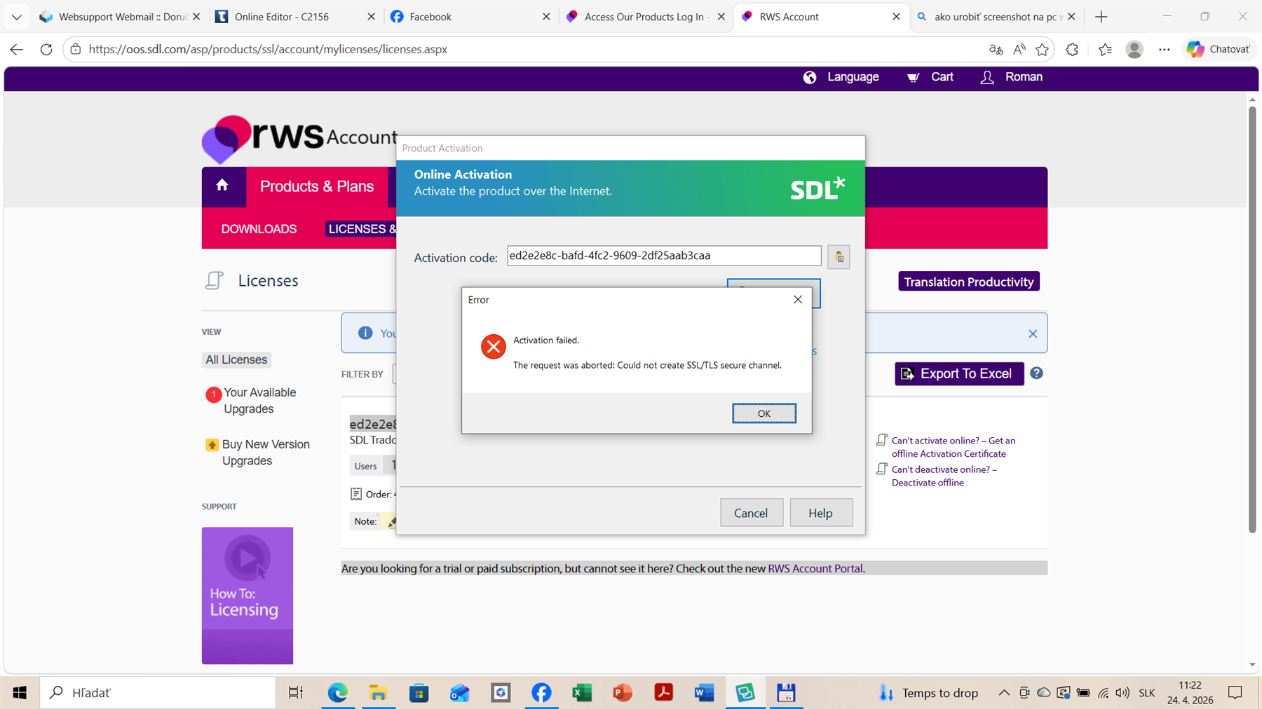 A screenshot of the RWS Account page showing the Product Activation window with an error message. The error states: 'Activation failed. The request was aborted: Could not create SSLTLS secure channel.'