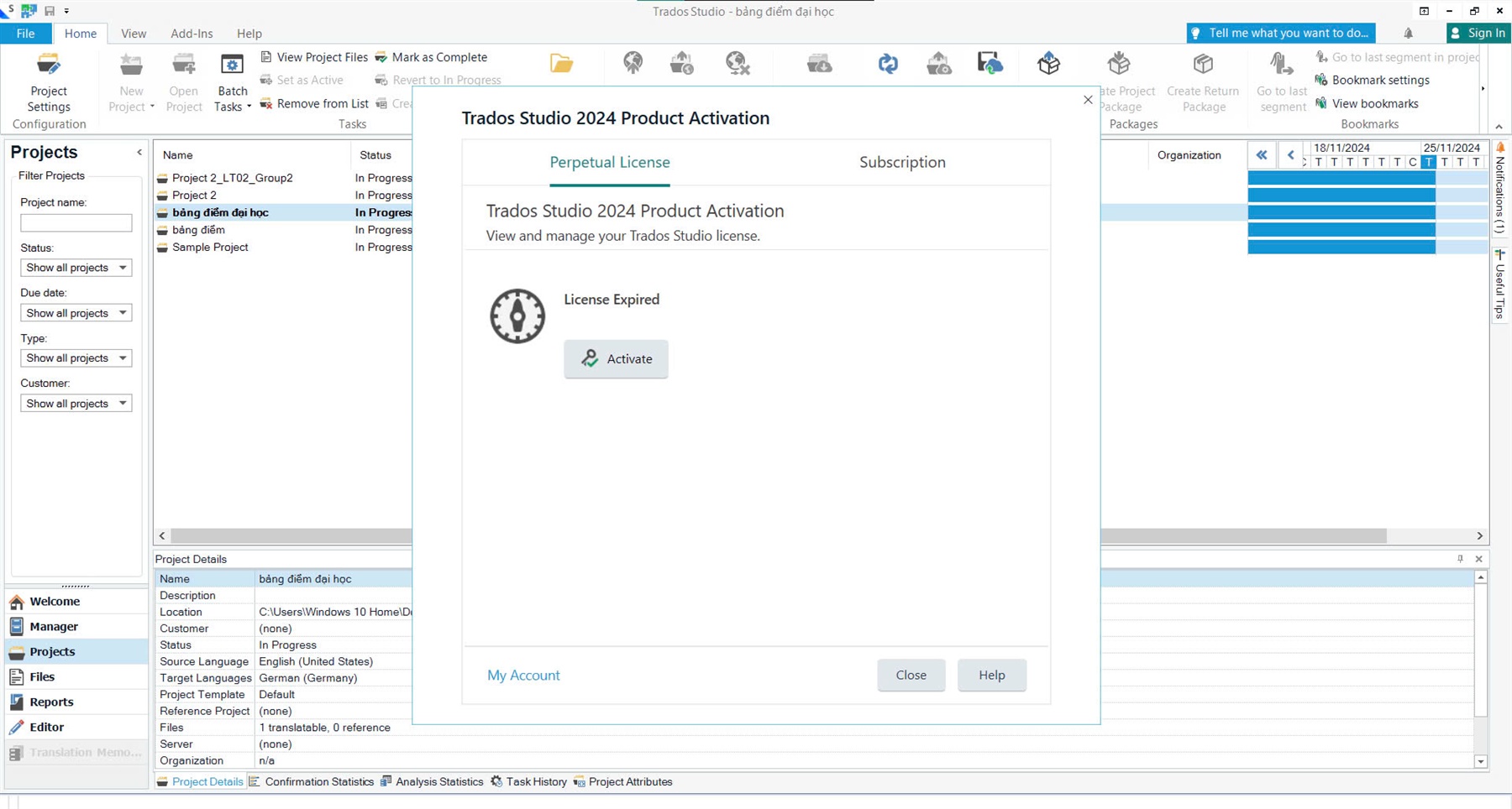 Screenshot of Trados Studio 2024 with a Product Activation window open, showing a 'License Expired' message and an 'Activate' button.