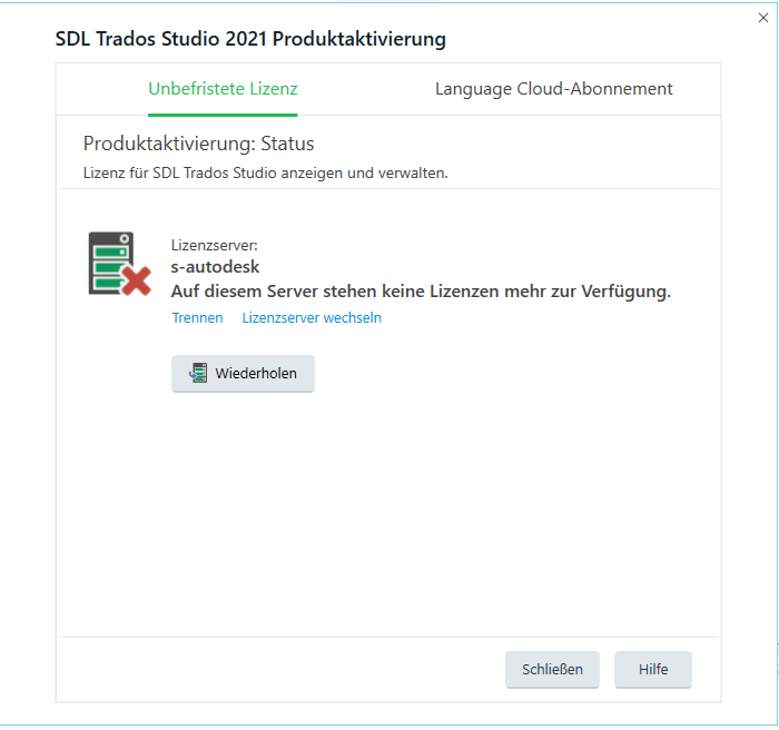 SDL Trados Studio 2021 Product Activation window showing an error message 'No more licenses available on server s-autodesk'. Options to 'Disconnect' and 'Change License Server' are visible, along with a 'Retry' button.