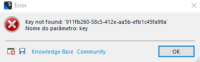 Error dialog box with a red 'X' icon stating 'Key not found' followed by a string of characters and the parameter name 'key'.