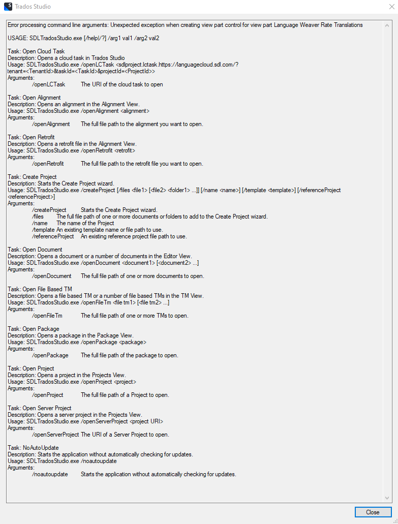 Trados Studio error message window showing a list of tasks with descriptions and usage instructions, with an error at the top about an unexpected exception in creating view part control.