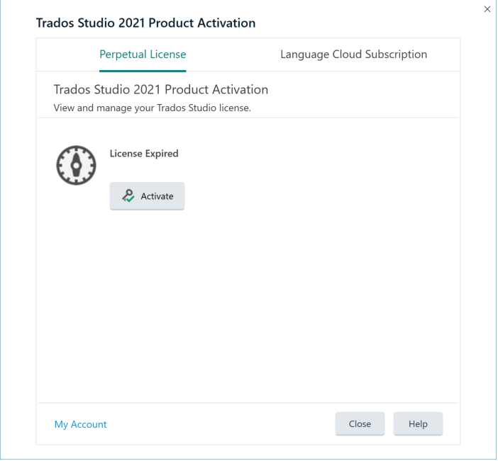 Trados Studio 2021 Product Activation window showing 'License Expired' message with an 'Activate' button below it.