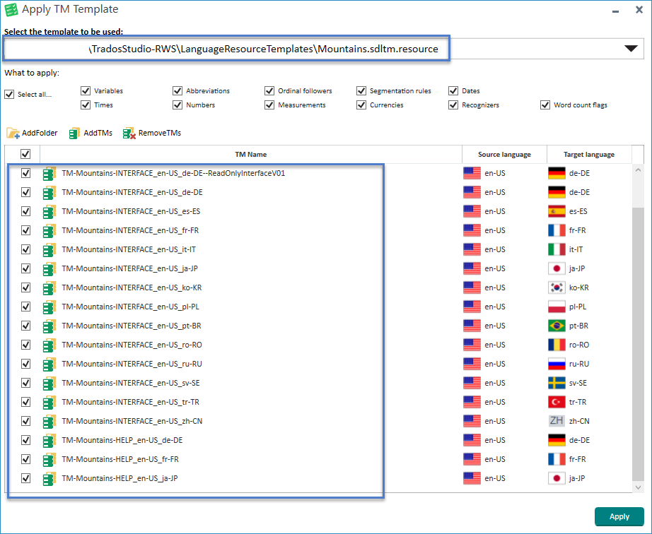 Screenshot of RWS AppStore Ideas 'Apply TM Template' dialog box with a list of Translation Memories (TMs) and language pairs. Path to LRT is 'TradosStudio-RWSLanguageResourceTemplatesMountains.sdltrm.resource'. Options for variables, times, numbers, measurements, currencies, and other settings are selected to apply.