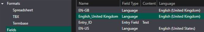 File type configuration panel showing formats for Spreadsheet and Termbase with fields for EN-GB, English United Kingdom, Entry_ID, and EN-US.