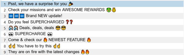 Screenshot of a list of notifications in RWS AppStore Ideas with various messages, each containing emojis displayed as characters.