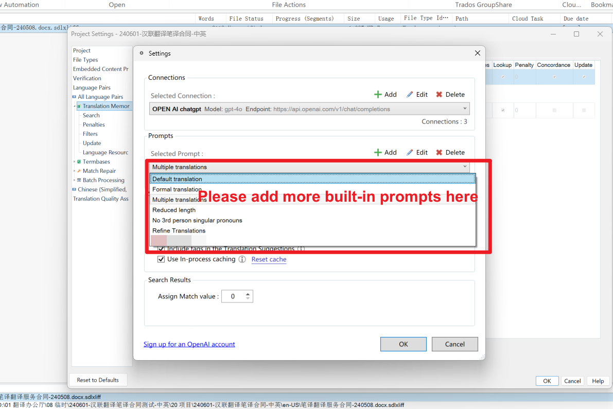 Screenshot of Trados Studio software showing the 'Settings' window with 'Open AI chatgpt' selected. A red box highlights the 'Prompts' section with a handwritten note saying 'Please add more built-in prompts here'.