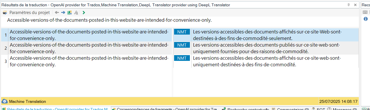 Screenshot of a translation results window displaying identical English and French translations for three segments, with NMT labels and a yellow Machine Translation section at the bottom.