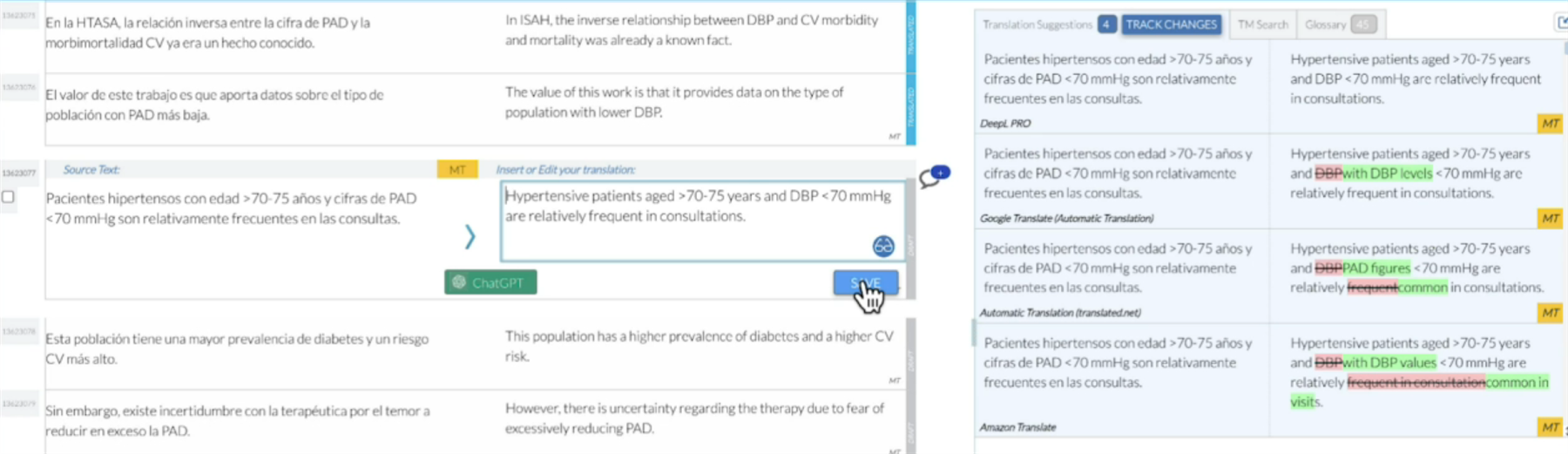 Screenshot showing a translation interface with source text in Spanish and English translations. Tracked changes highlight differences between multiple MT suggestions.
